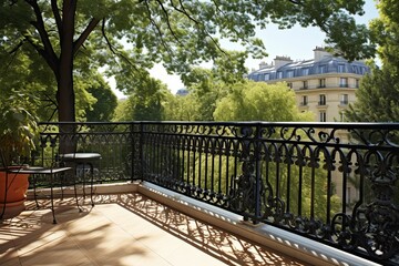 Elegant Parisian Balcony: Inspiring Iron Railing and Outdoor Seating in a Parisian Apartment Setting