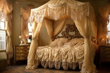 Fototapeta na wymiar Canopy Dreams: Elegant Victorian Bedroom Decor with Lace Curtains & Antique Furniture