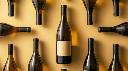 Row of wine bottles on a golden background.