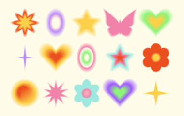 Y2k aesthetic blurred gradient aura hearts, flower, butterfly, star, circle. Trendy set of modern blurry figures in brutalism style. Romantic transparent heart elements for social media background