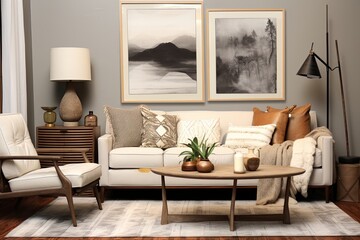Fototapeta premium Cozy Living Room Essentials: Soft Textures & Welcoming Furniture