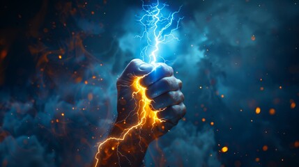 Hand holding up a lightning bolt - obrazy, fototapety, plakaty
