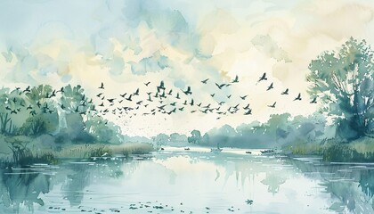 Obraz na płótnie Canvas Flock of Birds Soaring in the Sky on a Cloudy Day Generative AI