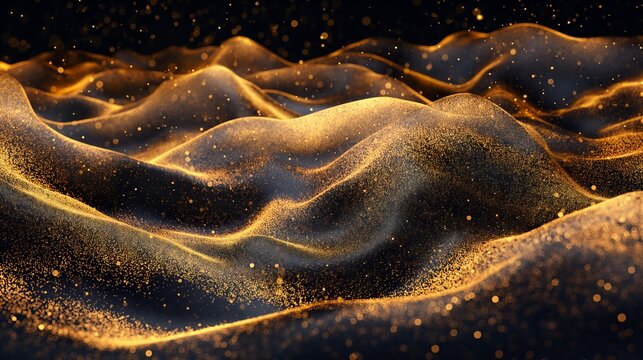 Waves of gold sand and gold particles on a black background