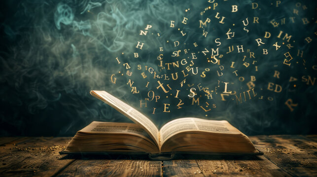 Opened book with floating letters, dark clean background. Mystery education concept. Generative AI