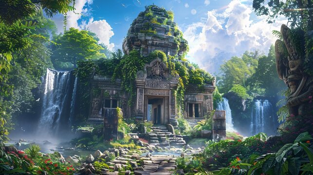 A Fantasy World of Ancient Ruins and Waterfalls A Mythical Creature's Paradise Generative AI