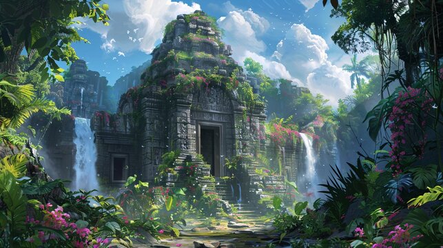 A Fantasy World of Waterfalls and Ancient Ruins A Dreamy, Colorful, and Magical Artwork Generative AI