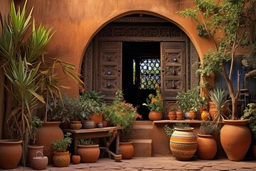 Fototapeta na wymiar Exotic Moroccan Courtyard Designs: Terracotta Pots Infusing Rustic Charm