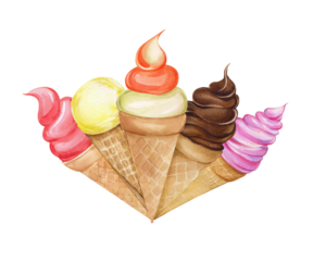 Watercolor composition with colorful ice creams. Illustration with a bouquet of ice cream in a waffle cone. Cold dessert with different flavors: strawberry, berries, chocolate, lemon. Design and decor