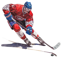 dynamic drawing of a hockey player trying to reach the puck with his stick, transparent background