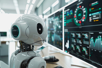 AI robots with screens displaying real time data analysis and learning big data in the world.