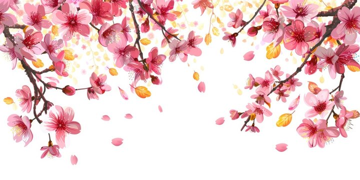 Beautiful cherry blossom tree branch with pink flowers and yellow leaves on a white background