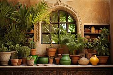 Fototapeta na wymiar Palm Paradise: Exotic Moroccan Kitchen Inspirations with a Natural Vibe