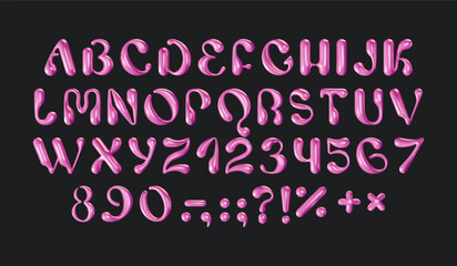 3D Aesthetic Pink Alphabet. Glossy font in Y2k groovy retro style. Trendy liquid bubble script. Realistic rendering English letters and numbers. Balloon typeface abc. Vector illustration