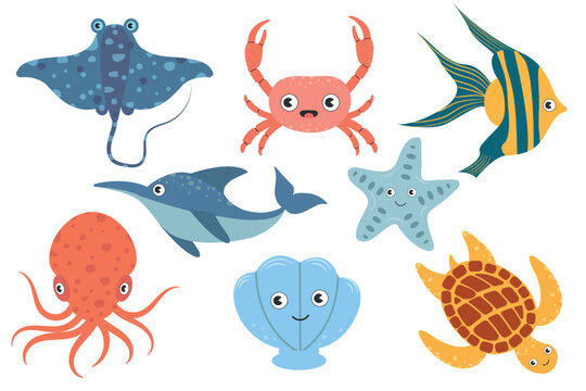 Set with hand drawn sea life elements. Cartoon collection of sea and ocean inhabitants, crab, stingray, octopus, turtle, fish and other vector doodle sea life objects for your design. - Powered by Adobe