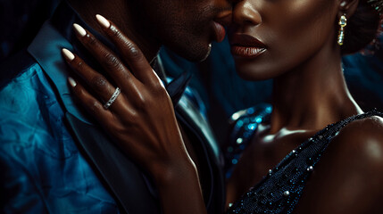In a luxurious fashion shot, a passionate African couple, exquisitely dressed in evening attire, showcase their love and elegance,
