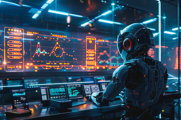 AI robots with screens displaying real time data analysis and learning big data in the world.