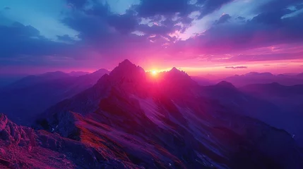 Tuinposter Epic Mountain Sunset: A breathtaking landscape shot capturing the vibrant hues of a sunset over towering mountain peaks, evoking a sense of adventure.  © Nico