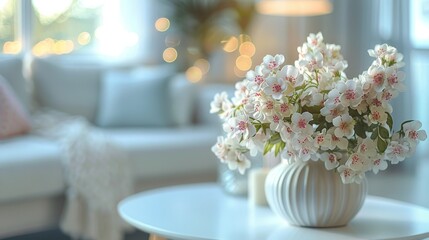 Obraz na płótnie Canvas White Couch Adorned With Pink Flowers