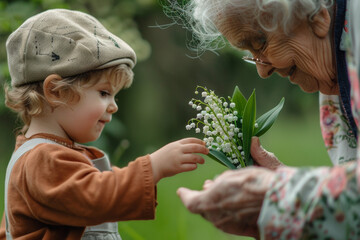 enfant offrant un brin de muguet en fleurs à sa grand-mère à l'occasion de la fête du 1er mai - obrazy, fototapety, plakaty