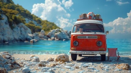 Vintage van with a beach chair on the beach.  Generative Ai. 