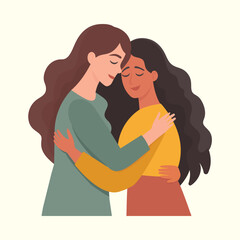 Two cute girls hugging with lots of love. Support, sympathy. long awaited meeting. flat vector illustration.