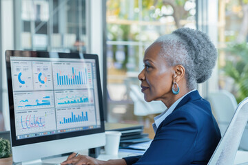 Senior businesswoman working with financial graphs charts online in office using business software for data analysis and project management concept. Mature female employee working on financial report.