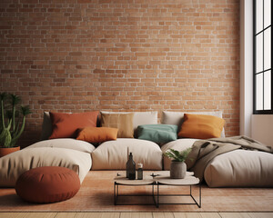 Modern living room interior with brick wall large comfortable sofa with colorful pillows and stylish coffee table with decor elements