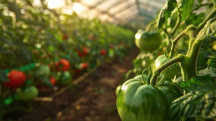 Fotobehang Growing Green Tomatoes in Greenhouse © ArtCookStudio