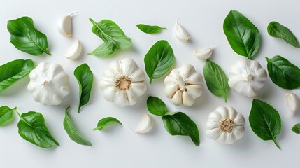 Fototapeta na wymiar Garlic and Green Leaves on White Surface