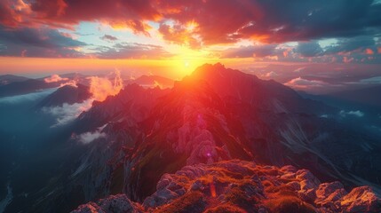 Epic Mountain Sunset: A breathtaking landscape shot capturing the vibrant hues of a sunset over towering mountain peaks, evoking a sense of adventure. 