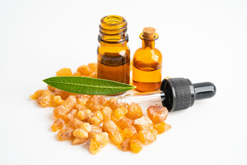 Frankincense or olibanum aromatic resin isolated on white background used in incense and perfumes.