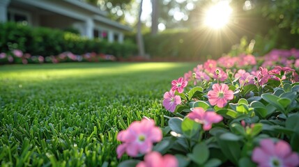 Beautiful pink flowers in the garden with sunlight and green grass background. Generative Ai. 