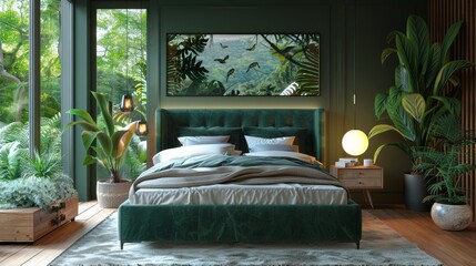 Green-Walled Bedroom With Green Headboard