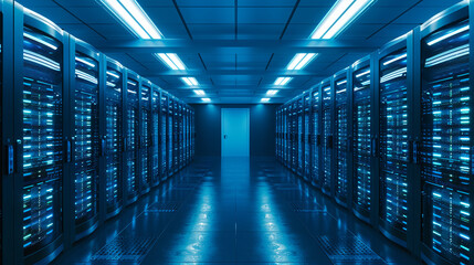 Large server room with rows of servers. Server racks in server room data center. illustration,