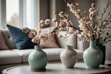 Gemütliche Wohnatmosphäre mit blühenden Kirschzweigen und pastellfarbenen Vasen auf Marmortisch