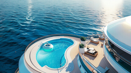 A sleek and modern luxury cruise ship deck, complete with infinity pools, sun loungers, and breathtaking ocean vistas, offering an unparalleled experience in high-end maritime travel.