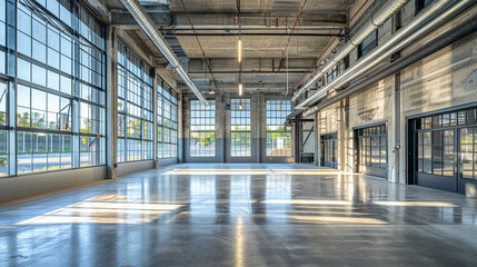 Large, vacant industrial workshop, contemporary warehouse building, spacious and modern, - obrazy, fototapety, plakaty
