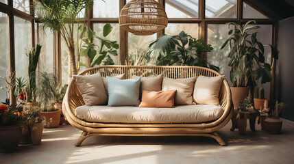 Fototapeta na wymiar Rattan couch that is cozy and eco-friendly living room