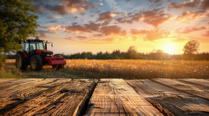Wooden Table With Tractor in Background