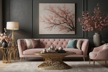 Luxuriöses Wohnzimmer in Pastelltönen mit Rosenarrangement und Kirschblüten-Kunst