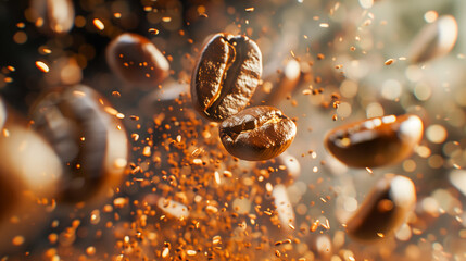 Coffee Roasting Process Close-up shots of coffee beans being roasted and ground, capturing the aroma and intensity of the coffee-making process