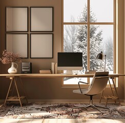 Winter Office Scene A Cozy, Modern Workspace with a Desk, Chair, and Monitor Generative AI