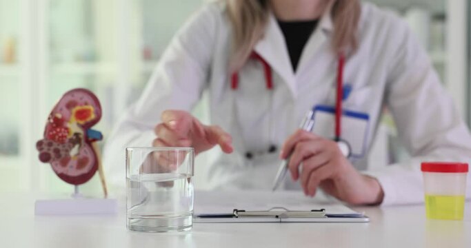 Doctor urologist putting glass of water near model of human kidney and urine test closeup 4k movie slow motion. Adequate fluid intake for diseases of urinary system concept