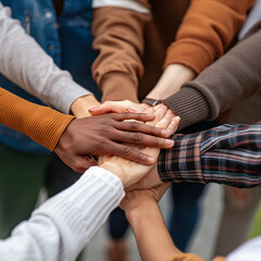 The image shows a group of multiracial hands holding on to each other, representing a message of solidarity, teamwork, and shared objectives
