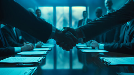 
An energetic handshake in a corporate boardroom, set against a blue backdrop representing formality and agreement, with executives in suits surrounding the handshake - obrazy, fototapety, plakaty