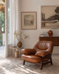 Modern Living Room with a Leather Chair and Artwork Generative AI