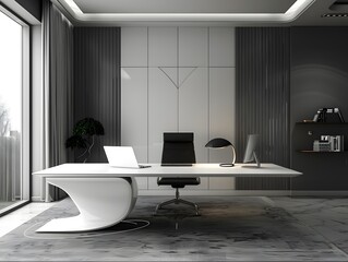 Minimalist work table with a very modern black and white decoration. Concept: business, office - obrazy, fototapety, plakaty