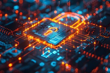 Microchips with a padlock demonstrating network security. Concept: information, exclusive