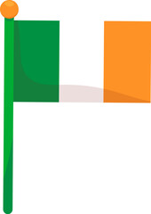 Irish flag fluttering in wind. Ireland banner on flagpole for spring holiday decoration, Happy Patrick party element. Simple cartoon vector isolated on white background